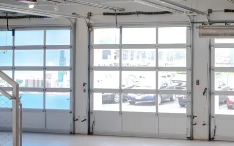 Commercial garage doors view from inside the building.